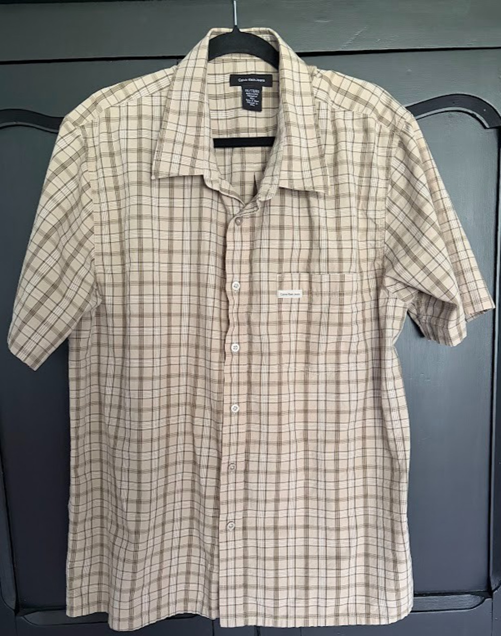 Calvin Klein Jeans Short Sleeve Tan Plaid Button Up Size XXL